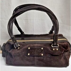 kate spade NEW YORK brown suede patent leather trim shoulder‎ handbag